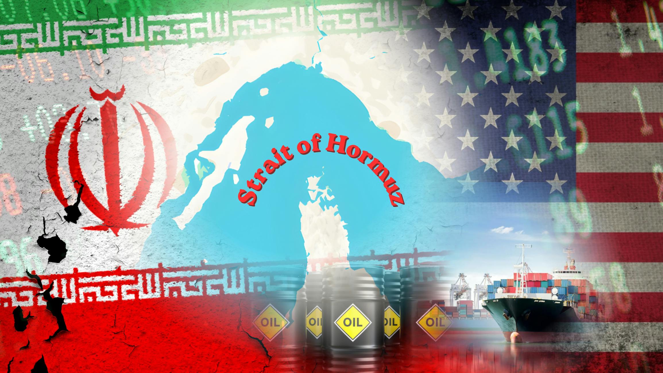 Map of Middle East region surrounded by Iranian and US flags, superimposed on a container ship, oil drums, and glowing stock market data