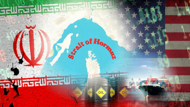 Map of Middle East region surrounded by Iranian and US flags, superimposed on a container ship, oil drums, and glowing stock market data