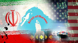Map of Middle East region surrounded by Iranian and US flags, superimposed on a container ship, oil drums, and glowing stock market data Map of Middle East region surrounded by Iranian and US flags, superimposed on a container ship, oil drums, and glowing stock market data