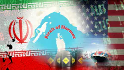 Map of Middle East region surrounded by Iranian and US flags, superimposed on a container ship, oil drums, and glowing stock market data