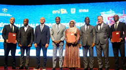Eni, Petroci, and Vitol representatives, along with Ivory Coast's Minister of Mines, Petroleum and Energy, stand during a signing ceremony Eni, Petroci, and Vitol representatives, along with Ivory Coast's Minister of Mines, Petroleum and Energy, stand during a signing ceremony