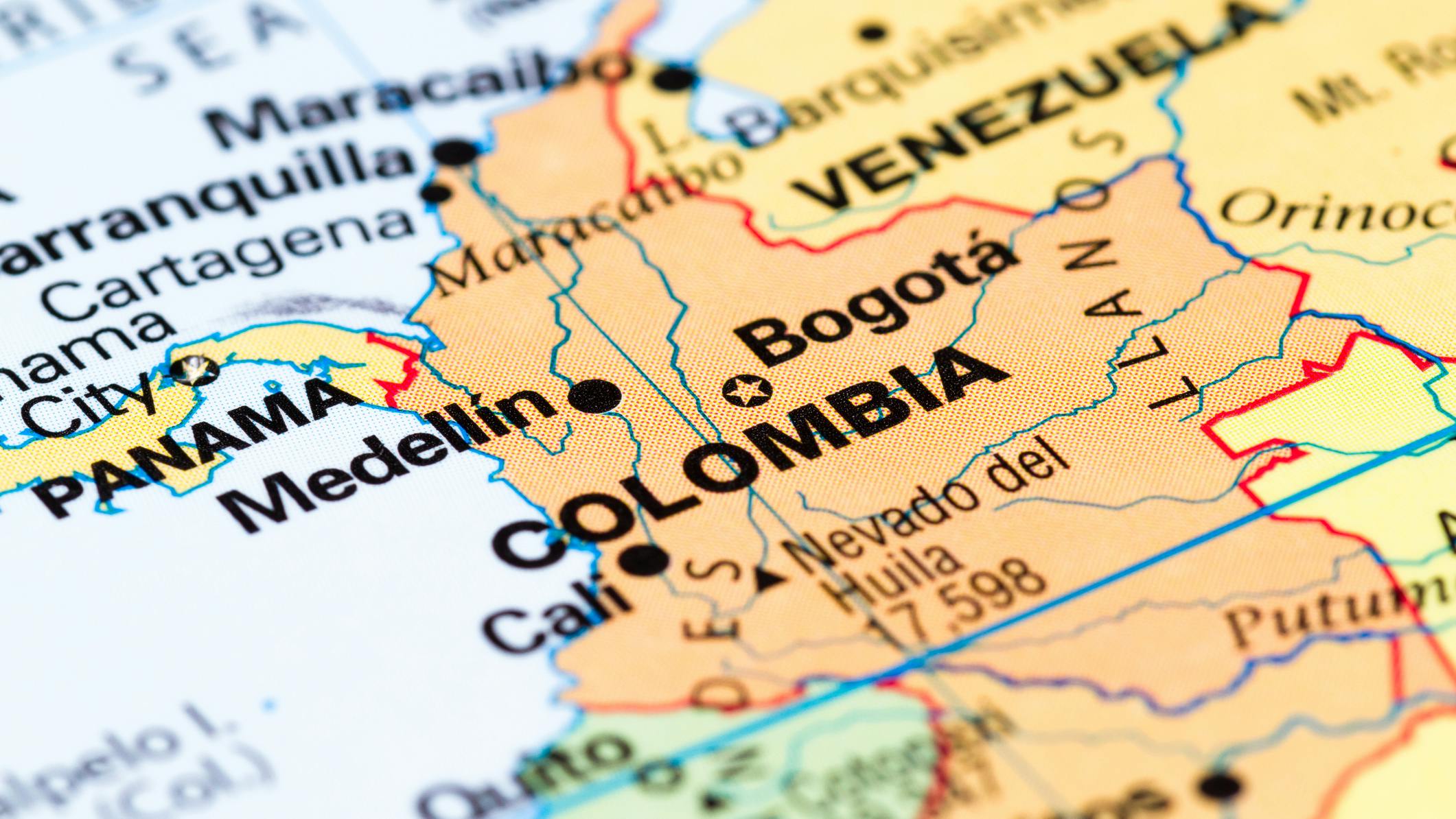 Close up of a world map with Colombia in focus
