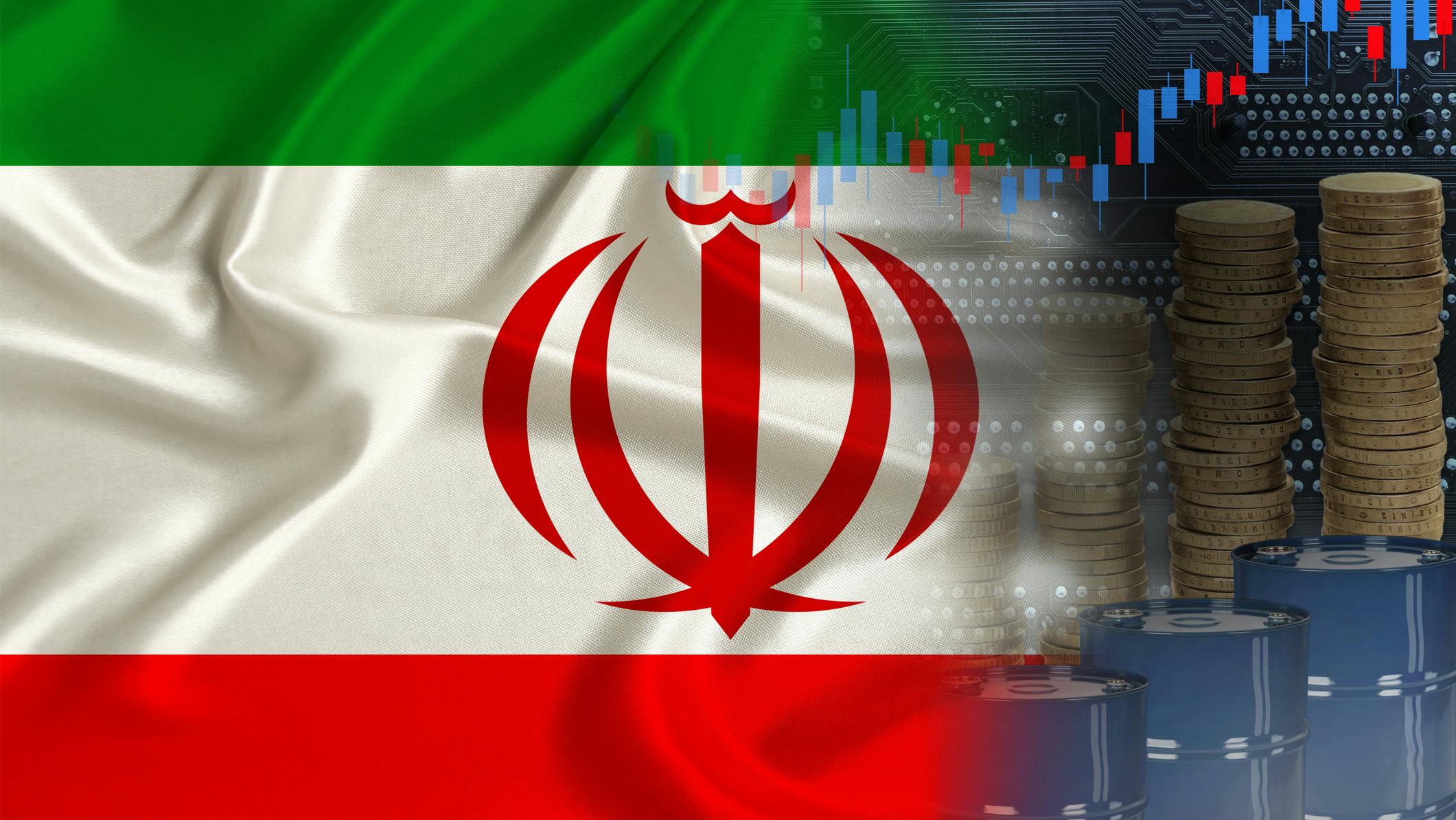 Iran flag blending with line graph, coin stacks, and oil barrels