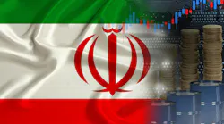 Iran flag blending with line graph, coin stacks, and oil barrels Iran flag blending with line graph, coin stacks, and oil barrels
