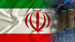 Iran flag blending with line graph, coin stacks, and oil barrels Iran flag blending with line graph, coin stacks, and oil barrels