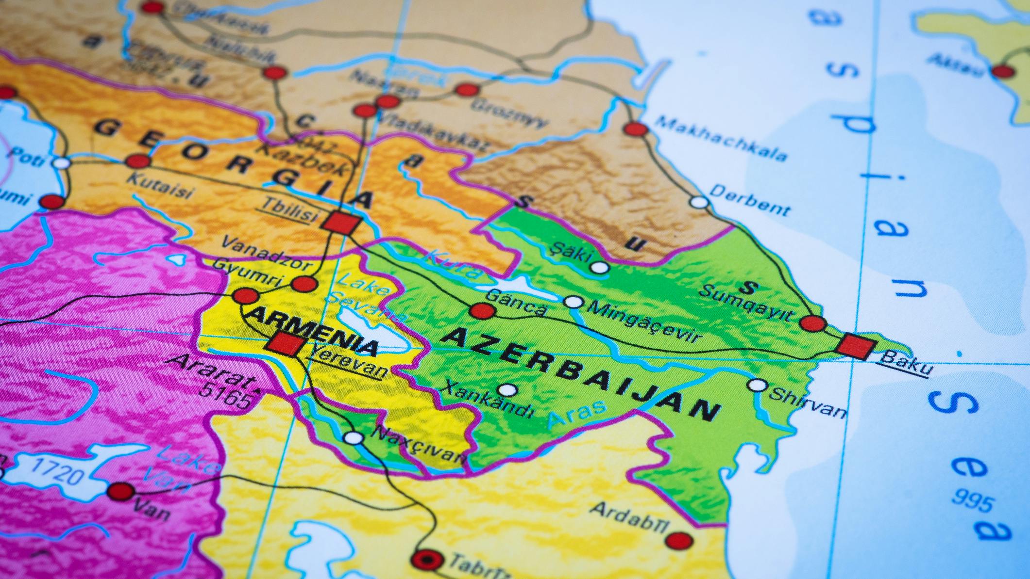 Map of Armenia and Azerbaijan and Caspian Sea