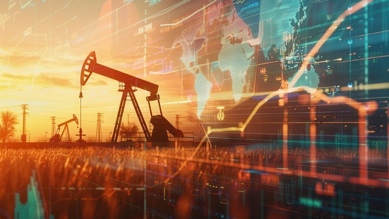 Oil pumpjack with line graph and world map