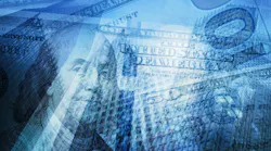 US currency with office buildings on blue background US currency with office buildings on blue background