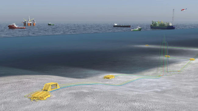 Illustration of oil and gas subsea tieback infrastructure