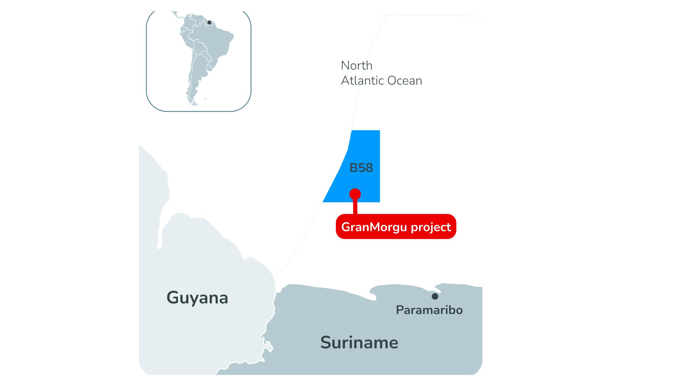Map showing location of GranMorgu oil development project offshore Suriname