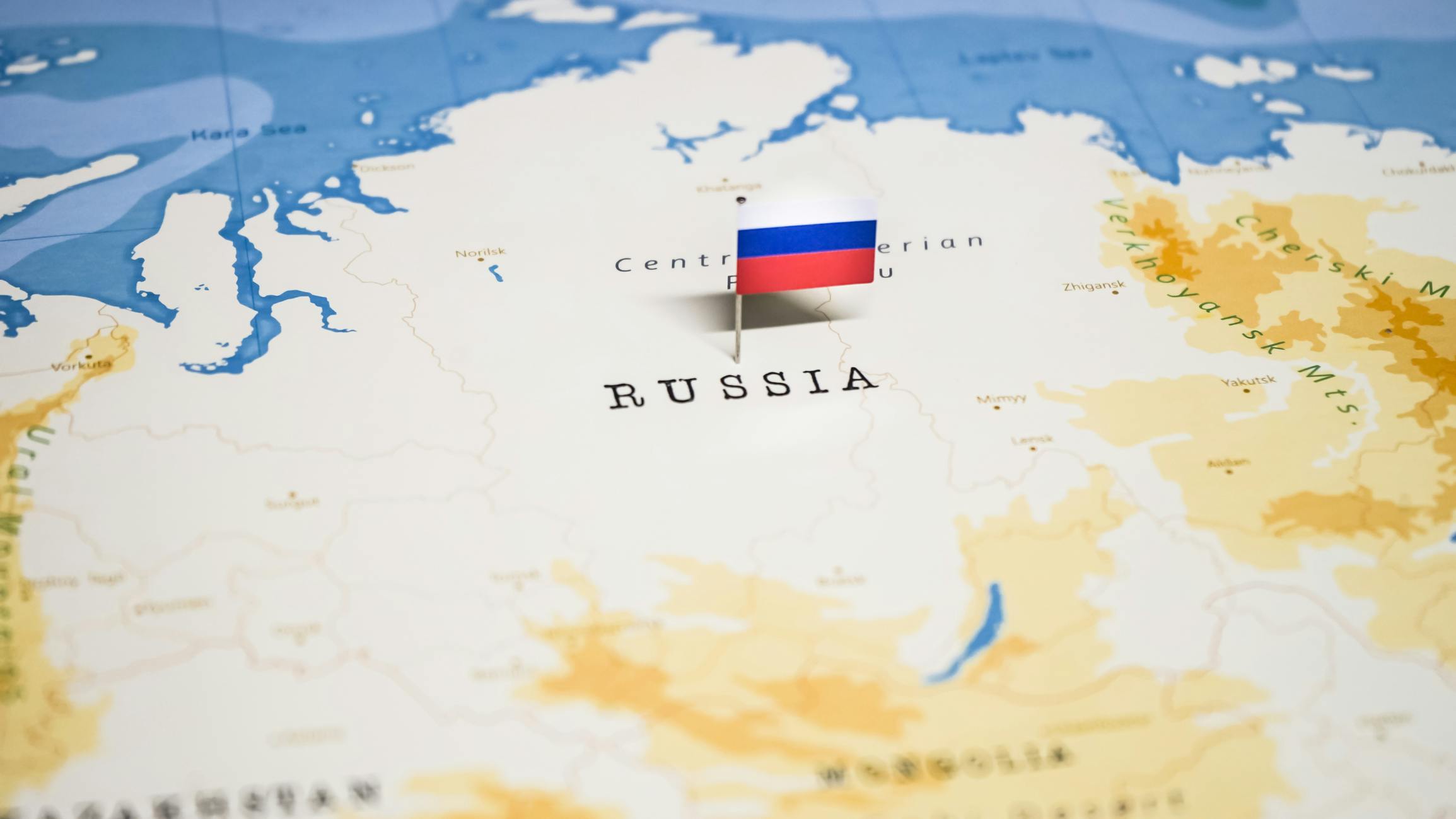 Russia on map with Russian flag