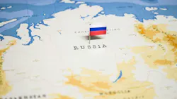 Russia on map with Russian flag