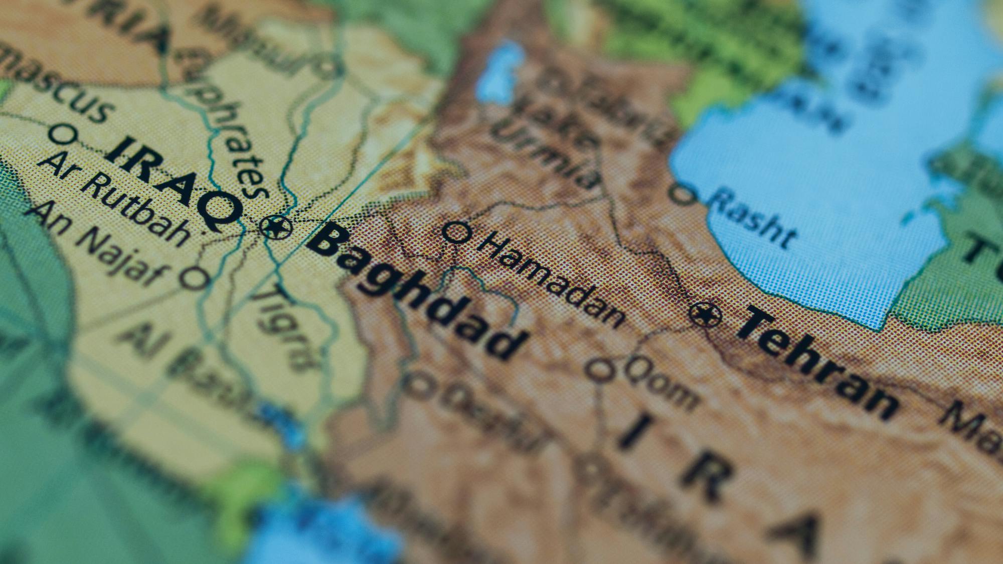 Map of Iraq Iran area with focus on Baghdad, Iraq.