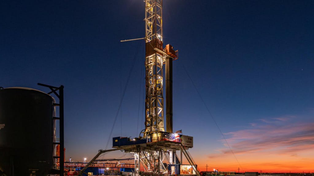 Oil and gas drilling operations in the Permian basin at night