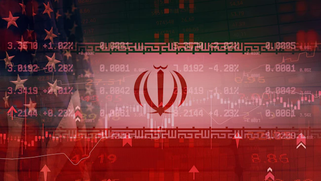Concept with flags of USA and Iran, fluctuating stock market data, and red digital interface representing international tensions