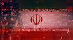 Concept with flags of USA and Iran, fluctuating stock market data, and red digital interface representing international tensions