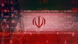 Concept with flags of USA and Iran, fluctuating stock market data, and red digital interface representing international tensions