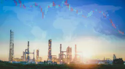 global map with oil and gas infrastructure and downward trending line graph