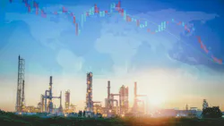 global map with oil and gas infrastructure and downward trending line graph