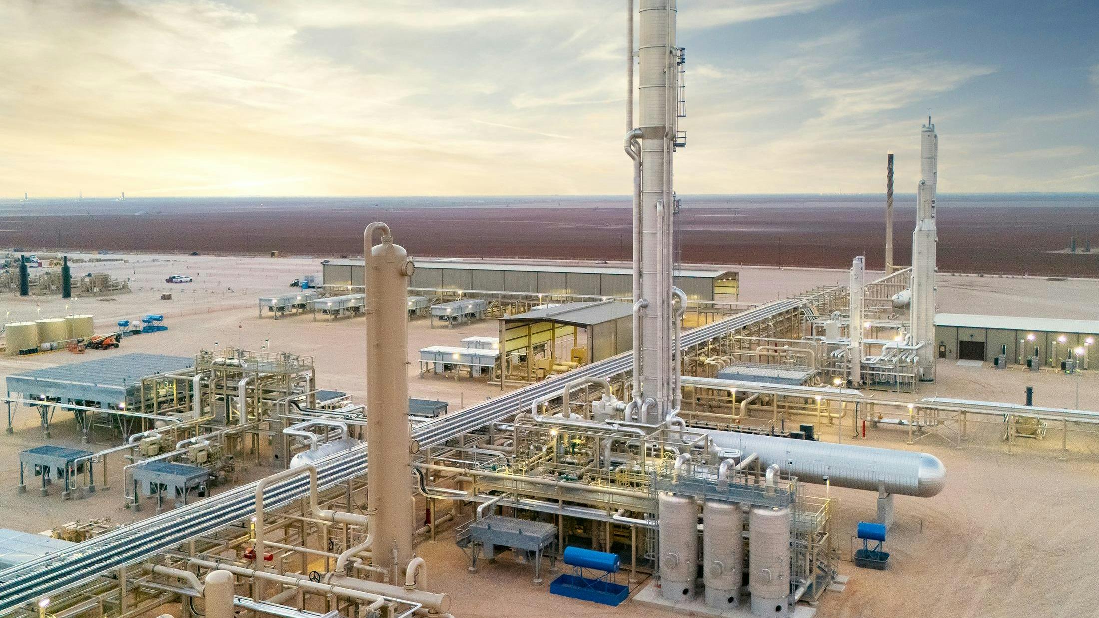 Installations for natural gas processing located in the Midland basin of the Texas Permian.