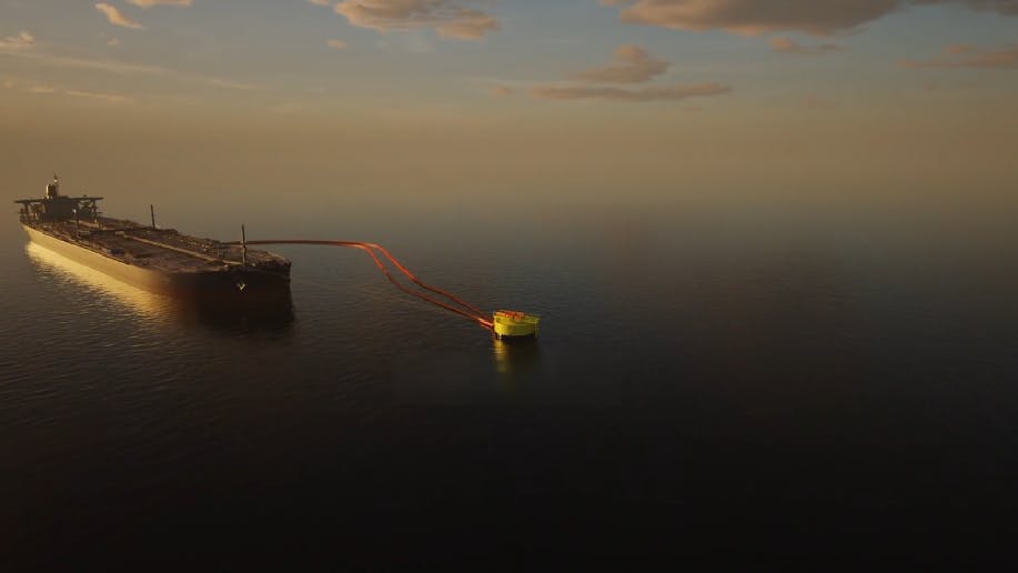 Video still rendering of crude oil export infrastructure offshore Texas.