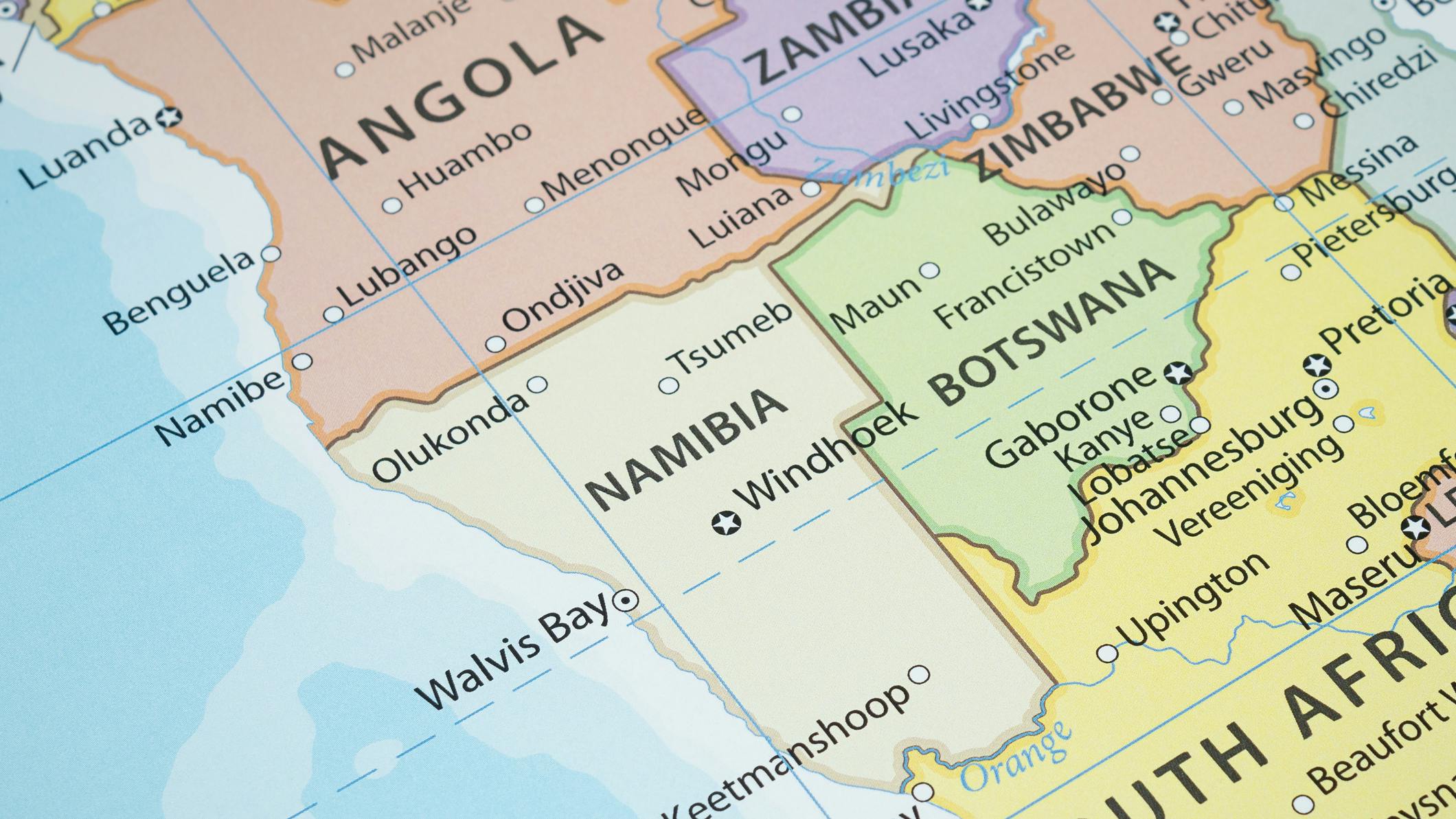 Map showing Angola and Namibia, Africa.