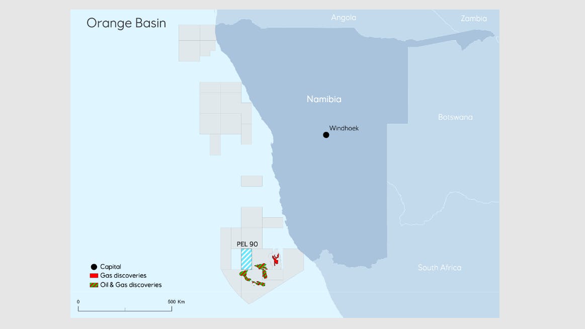 Map showing PEL90 license location offshore Namibia.