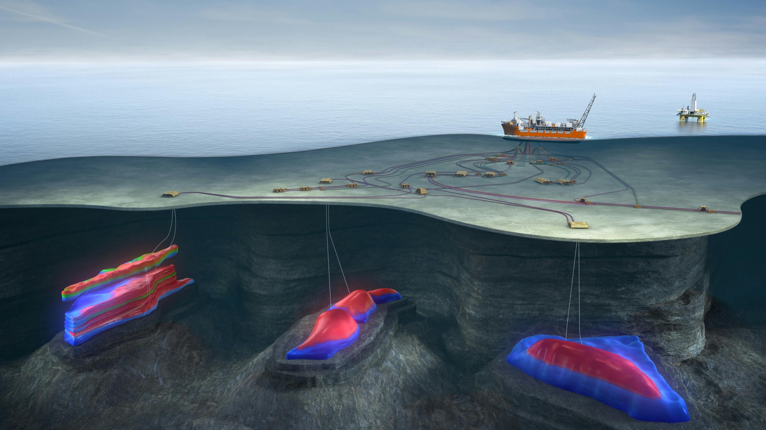 Illustration of offshore oil and gas developments tied back to a floating vessel.