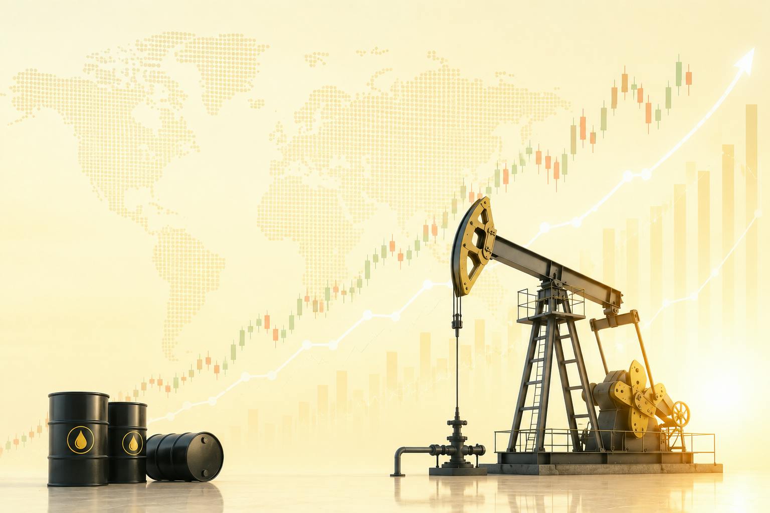 An image showing a drilling rig and oil barrels.
