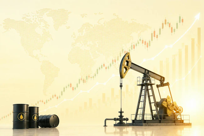 An image showing a drilling rig and oil barrels.