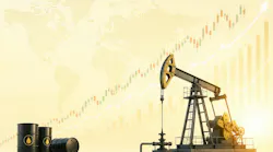 An image showing a drilling rig and oil barrels.