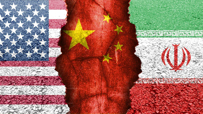 Flag representation of geopolitical tensions. Flags of the US, China, and Iran.