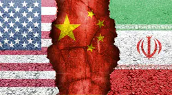 Flag representation of geopolitical tensions. Flags of the US, China, and Iran.