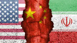 Flag representation of geopolitical tensions. Flags of the US, China, and Iran.