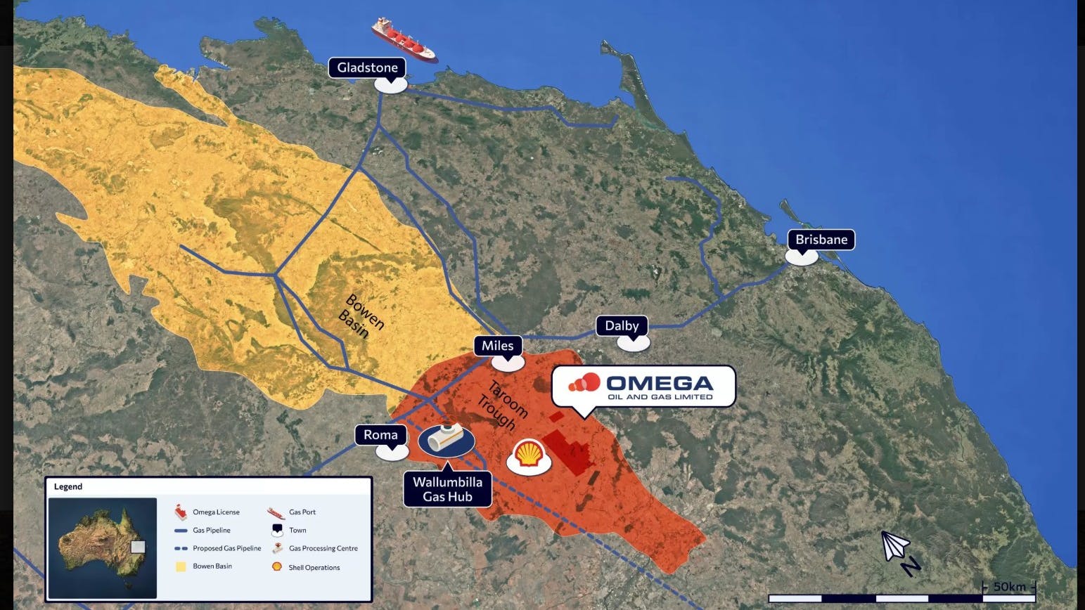 A map showing Omega's onshore Canyon project within Queensland&rsquo;s Taroom Trough, part of the deep south Bowen basin.