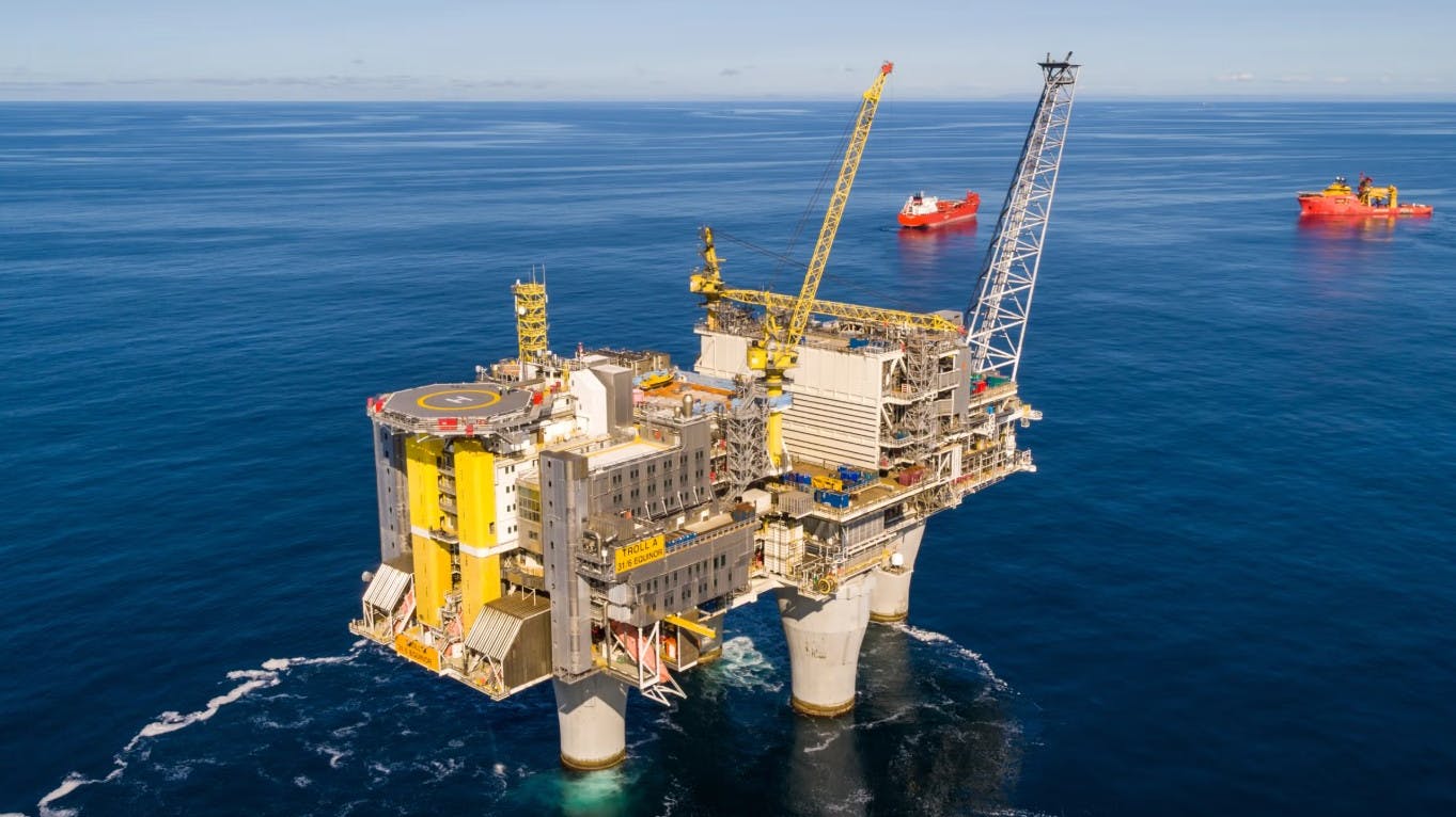 An image showing the Troll A platform rising up from the North Sea.