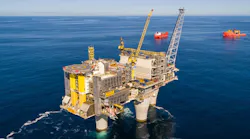 An image showing the Troll A platform rising up from the North Sea.