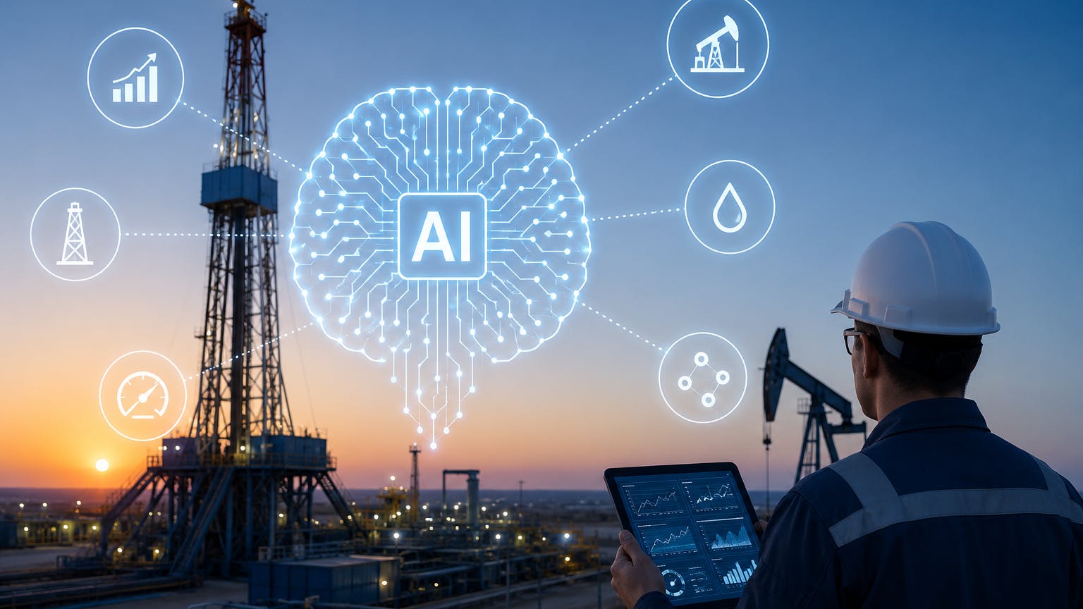 AI-generated image of oilfield worker holding a tablet and looking out toward a drilling rig.
