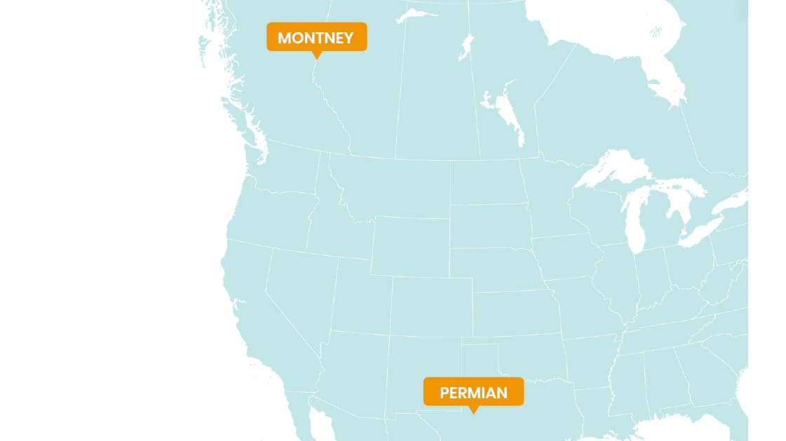 Map showing locations of Permian basin in Texas and Montney in western Canada.