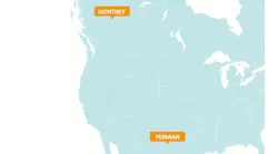 Map showing locations of Permian basin in Texas and Montney in western Canada.