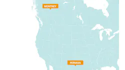 Map showing locations of Permian basin in Texas and Montney in western Canada.