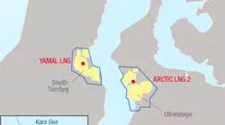 Map showing Artic LNG 2 project location in Russia