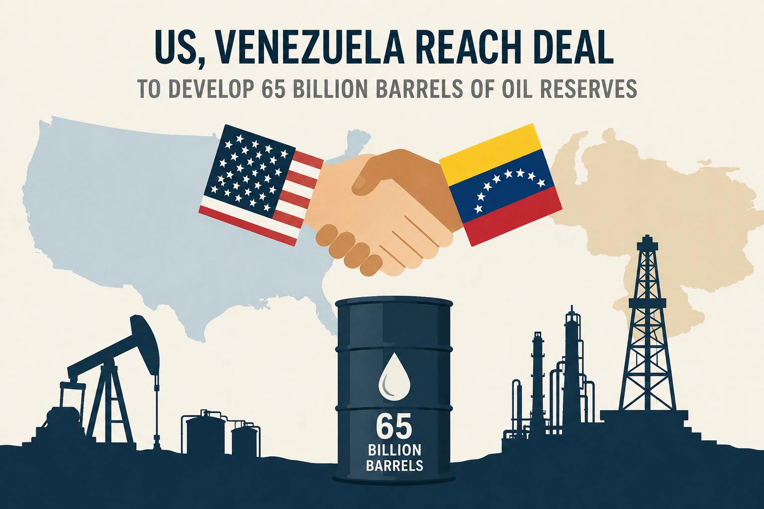 Two hands shaking against a background of US, Venezuela geographical silhouettes above an oil field with drilling equipment and a barrel of oil.