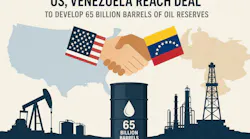 Two hands shaking against a background of US, Venezuela geographical silhouettes above an oil field with drilling equipment and a barrel of oil.
