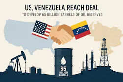 Two hands shaking against a background of US, Venezuela geographical silhouettes above an oil field with drilling equipment and a barrel of oil.