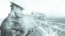 Double exposure of engineer with safety helmet and tablet. Offshore platform in background.