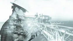 Double exposure of engineer with safety helmet and tablet. Offshore platform in background.