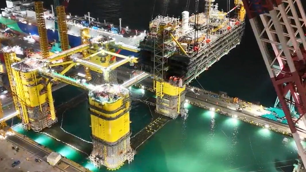Construction of offshore oil and gas infrastructure at a shipyard.