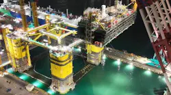Construction of offshore oil and gas infrastructure at a shipyard.