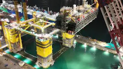 Construction of offshore oil and gas infrastructure at a shipyard.